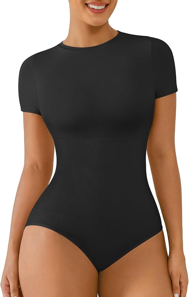 FeelinGirl Shapewear Bodysuit Compression Body Suits Women's Bodysuits High Neck Short Sleeve Plu... | Amazon (US)