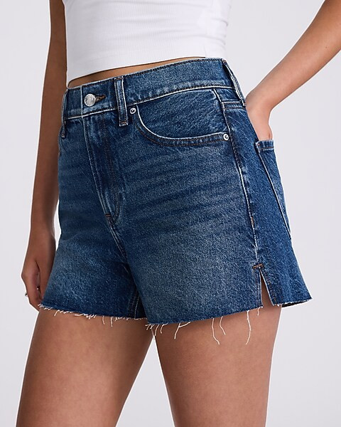 High Waisted Medium Wash 50/50 Rigid Stretch Mom Jean Shorts | Express