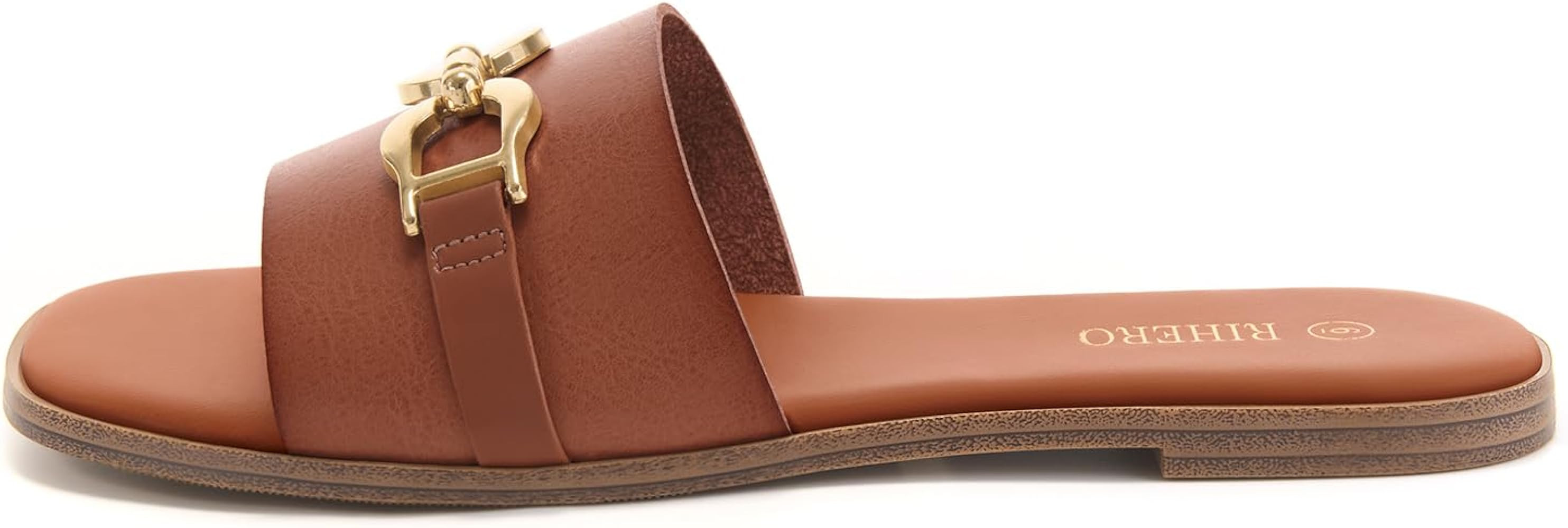 Rihero Women's Flat Sandals Summer Comfortable Square Open Toe Slip On Leather Slide Sandals | Amazon (US)