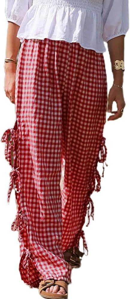 Sunloudy Women Y2K Wide Leg Gingham Pants Elastic High Waist Side Tie Loose Fit Plaid Trouser Lou... | Amazon (US)