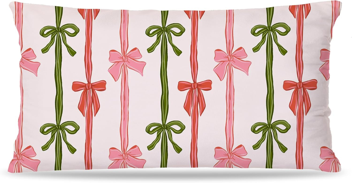 Coquette Pink and Green Christmas Bow Pillow Covers 12x20 Double-Sided, Preppy Christmas Decor, W... | Amazon (US)