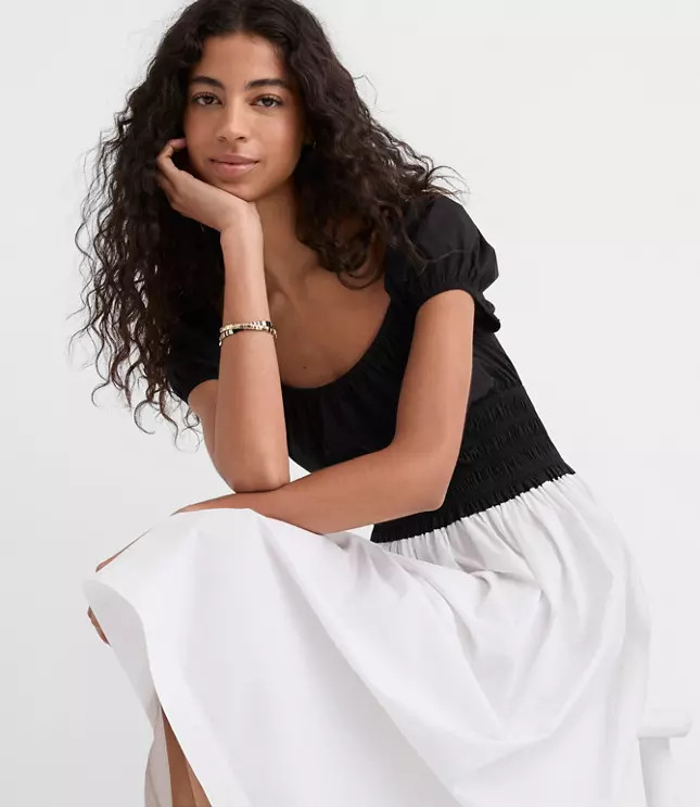 Poplin Smocked Puff Sleeve Midi Dress | LOFT