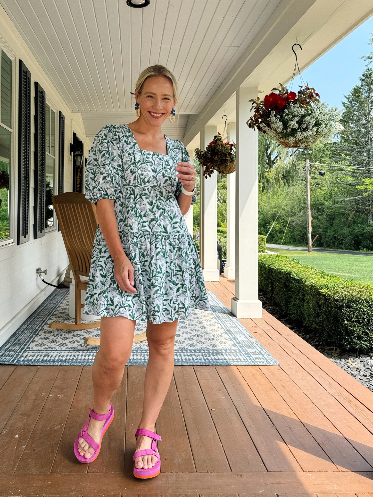 No layer, summer hot weather approved outfit idea -  breezy dress (super old! Linked newer styles), floral earrings, Anthropologie teva sandals
♥️Claire 