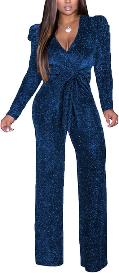 SeNight Women Sparkly Jumpsuits Sexy Long Sleeve Elegant Mock Neck Shiny Straight Long Pants Romp... | Amazon (US)
