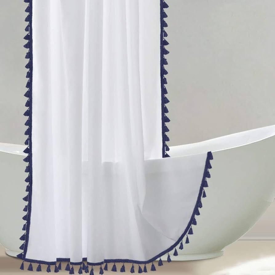 Uphome Tassel White Fabric Shower Curtain with Blue Fringe Trims, Vintage Boho Chic Cloth Shower ... | Amazon (US)