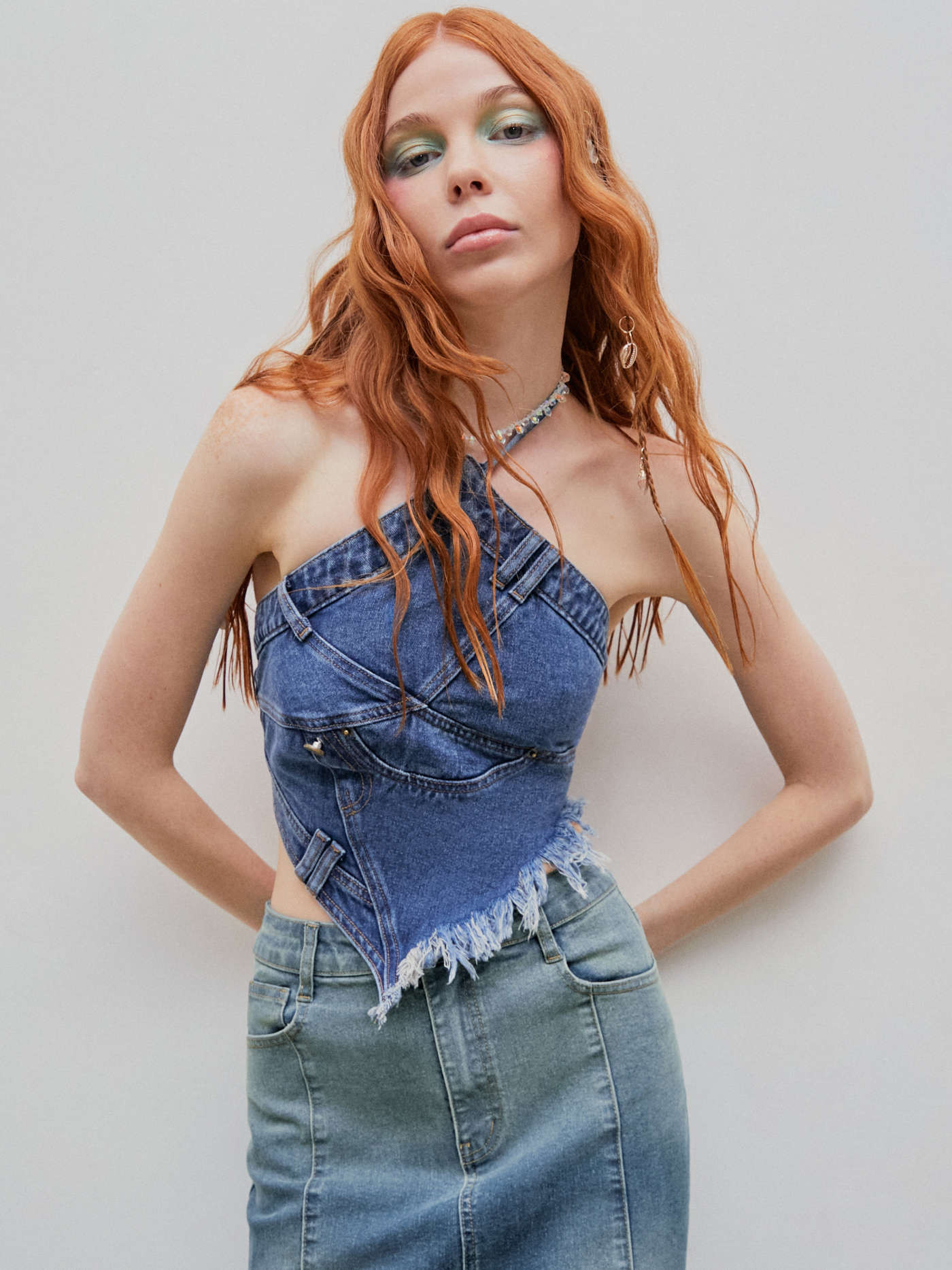 Denim Fringe Zipper Up Halter Crop Top | Cider