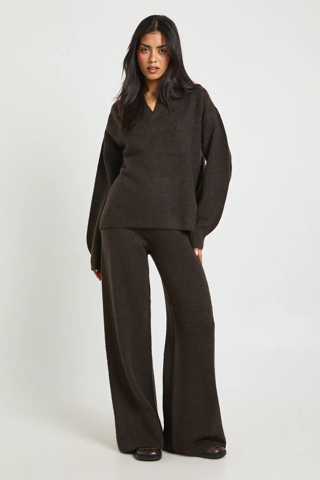 Super Soft V Neck Collared Knitted Jumper and Straight Leg Trouser Co-Ord | Boohoo.com (UK & IE)