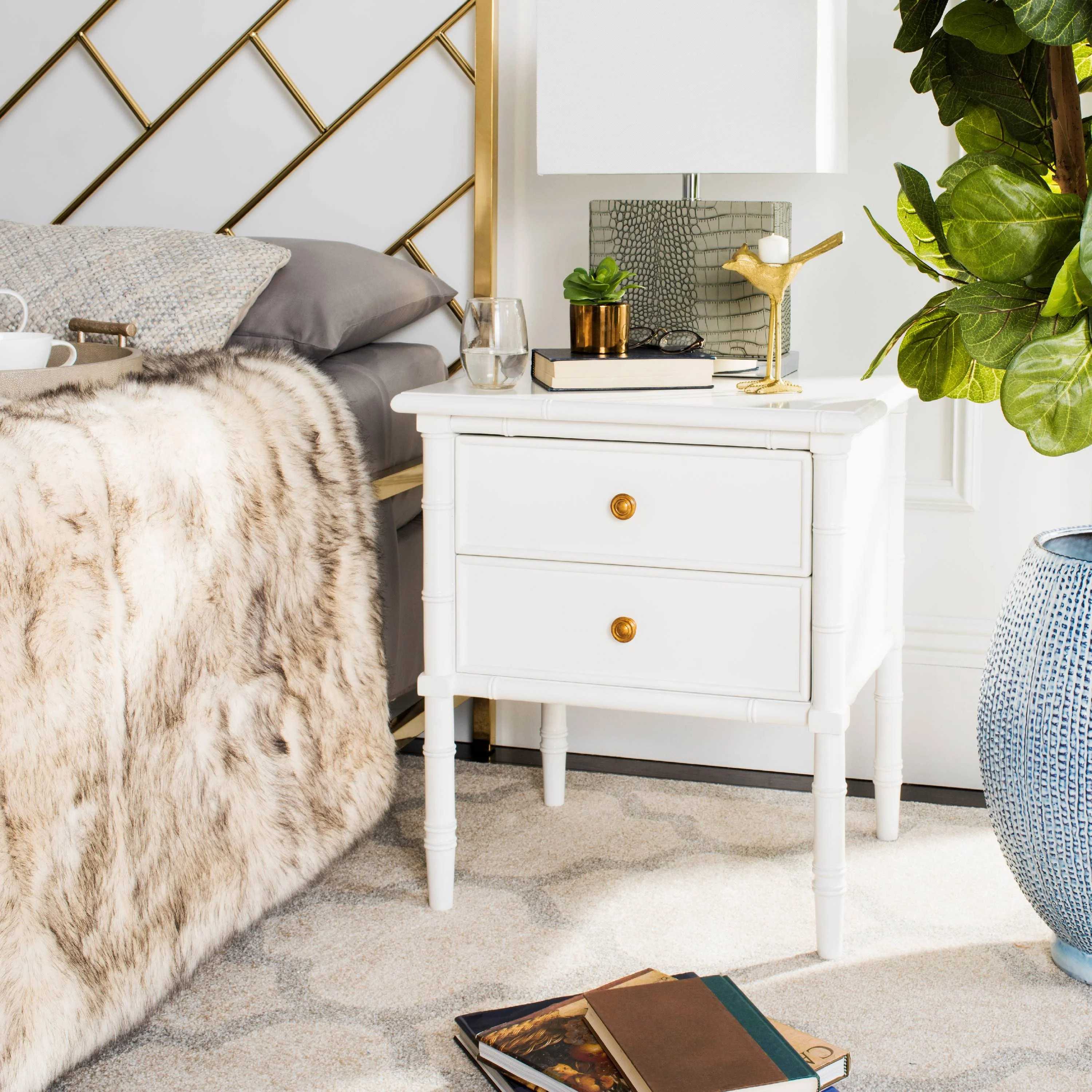 SAFAVIEH Mina Modern Coastal 2-Drawer 25" H Bamboo Nightstand White | Walmart (US)