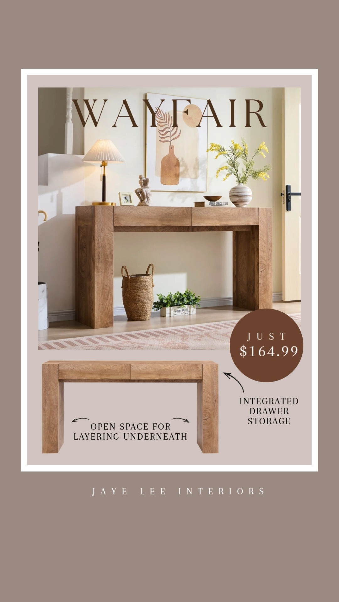 ADD TO CART! This price is too good! Such a great foundation for anchoring and styling your entry!
entry console table, sofa table, console styling, open-base console table, rustic wood console, modern console table, foyer table, entryway storage and organization, #jleeinteriors 

 #LTKHome #LTKSaleAlert