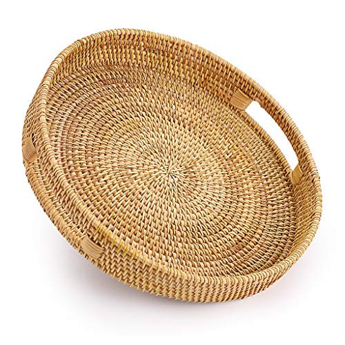 Hipiwe Round Rattan Serving Tray with Handles, Hand-Woven Decorative Organizer Tray for Storage Breakfast Drinks Snack, Centerpiece Fruit Basket for Home Decoration,Large | Amazon (US)