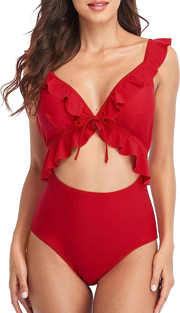 SOCIALA Womens Ruffle Cut Out One Piece Swimsuits Strappy Monokinis Swimwear Bathing Suits | Amazon (US)