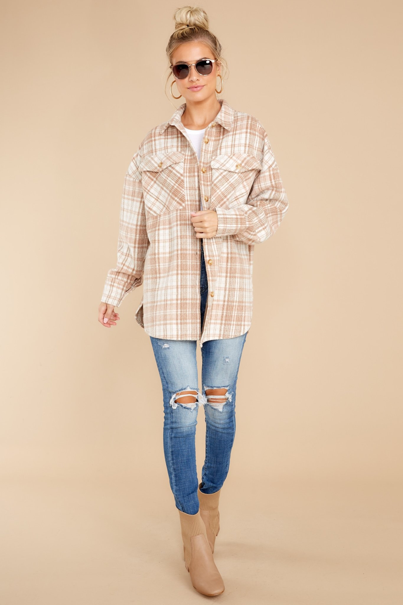 Casually Cozy Camel Multi Plaid Shacket | Red Dress 