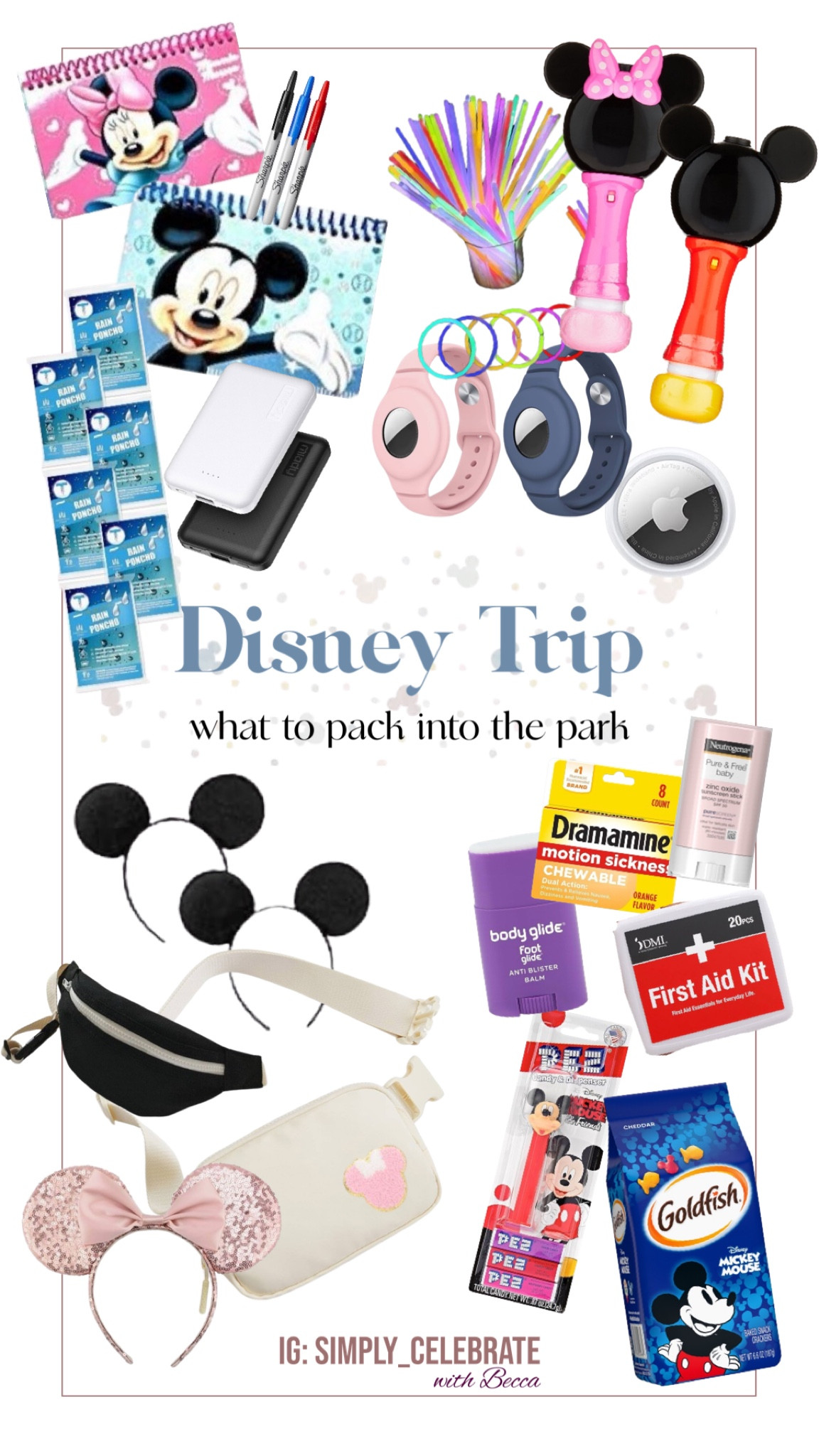 All our recommendations on what to pack into the park for a day at Disneyland or Disneyworld! The last thing you want is for something to derail your day— 
These items add magic, save from blisters, boost morale, keep track of the kids, stave off rain, and more...! 
Pack into Fanny packs or a backpack under the stroller! 
DONT MISS part 2 - not everything would fit here! 

#LTKkids #LTKtravel #LTKfamily