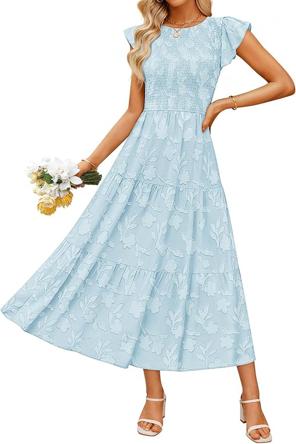 ZESICA Women's Summer Boho Floral Midi Dress 2026 Casual Flutter Short Sleeve Crewneck Smocked Fl... | Amazon (US)