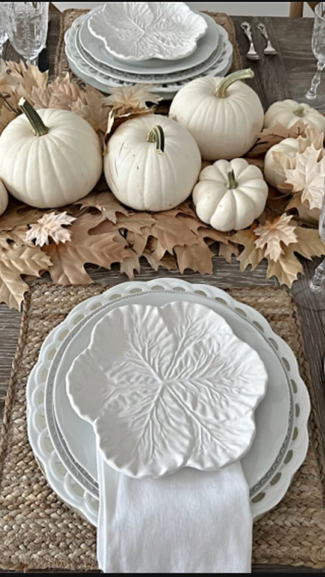 There's something so timeless about a neutral fall table. 🍂🤍 White pumpkins, layered textures, woven placemats, and elegant cabbage leaf plates create a cozy autumn look that feels fresh, sophisticated, and perfect from September all the way through Thanksgiving. I've linked everything I could find so you can recreate this look or mix and match your favorite pieces to make it your own!

#LTKSeasonal #LTKHome