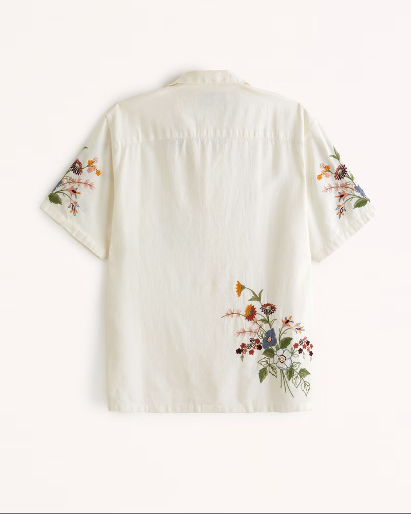 Camp Collar Summer Linen-Blend Embroidered Shirt | Abercrombie & Fitch (US)