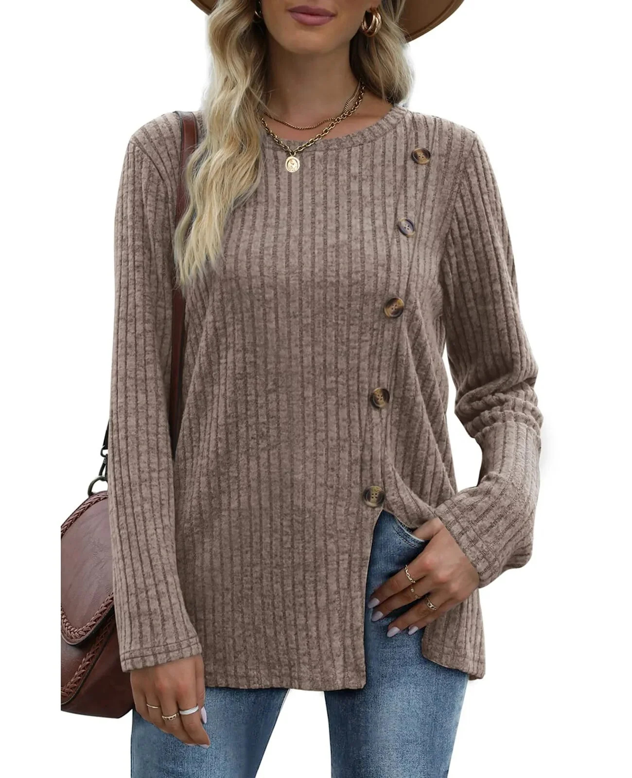 Fantaslook Blouses for Women Long Sleeve Crew Neck Tunic Tops Buttons Side Fall Shirts - Walmart.... | Walmart (US)