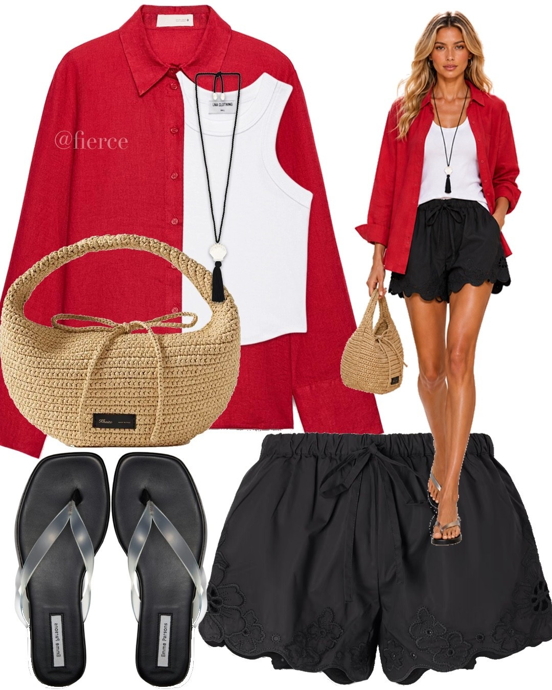 Red linen shirt black shorts clear and black sandals raffia shoulder bag tassel necklace

#LTKuk #LTKsummer #LTKeurope