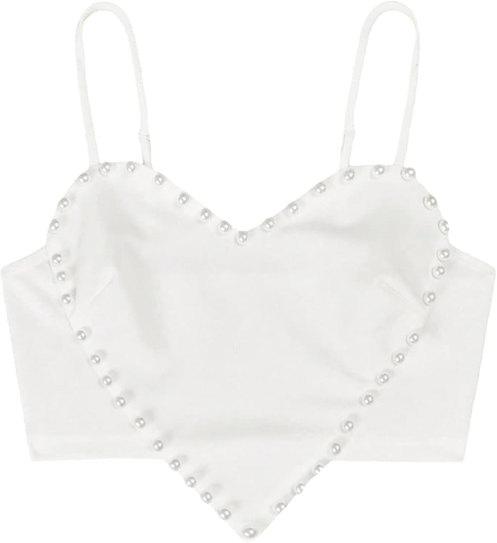 WDIRARA Women's Pearls Sleeveless Asymmetrical Hem Crop Cami Top Sexy Camisole | Amazon (US)