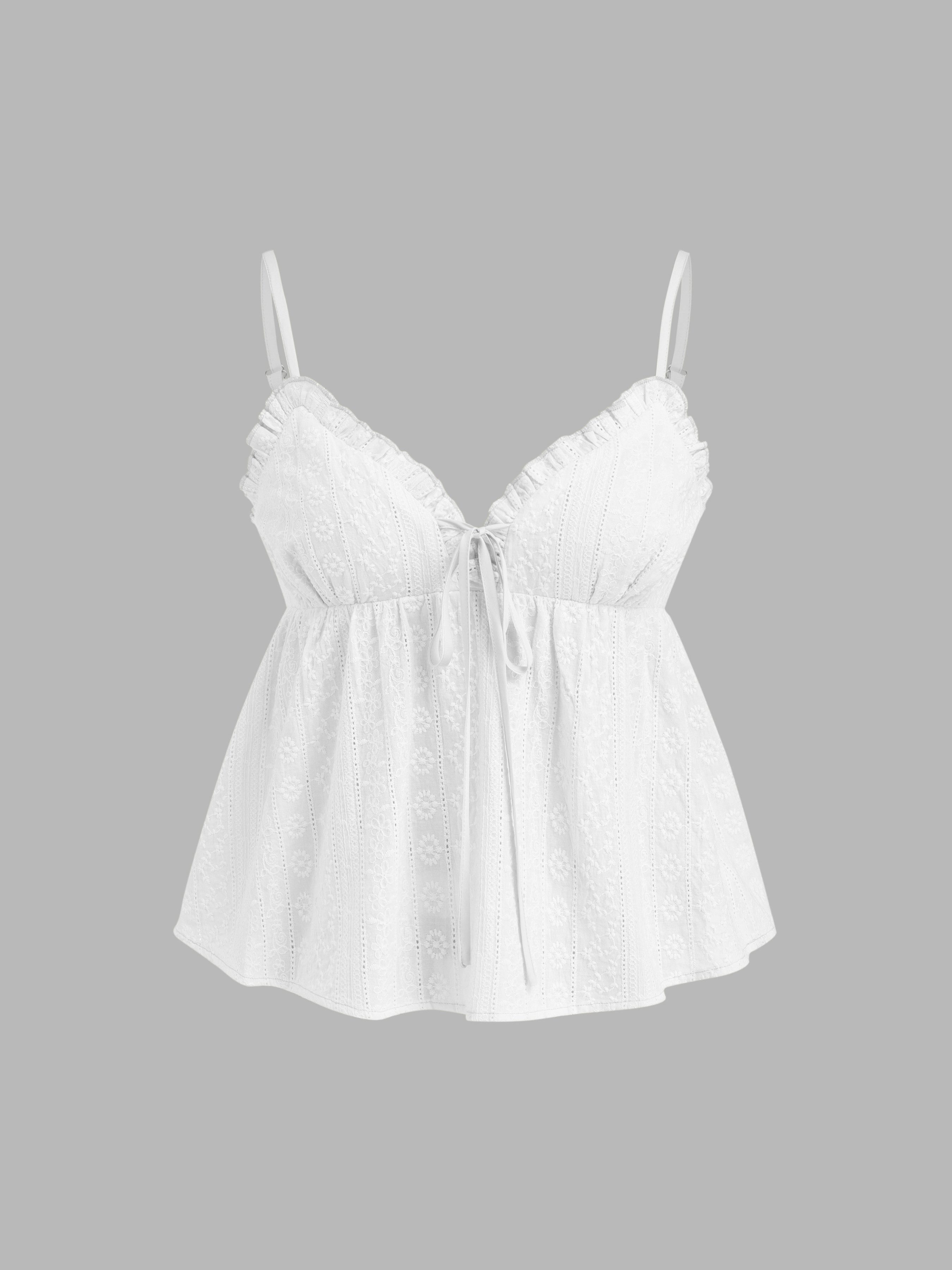 Woven Cotton V-neck Broderie Anglaise Shirred Lettuce Trim Cami Top For Daily Casual | Cider