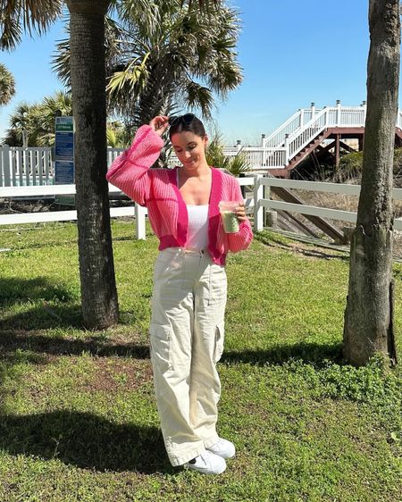 spring outfit inspo idea | cargo pants, pink cardigan, spring outfit style, pink outfit 

#LTKSeasonal #LTKstyletip