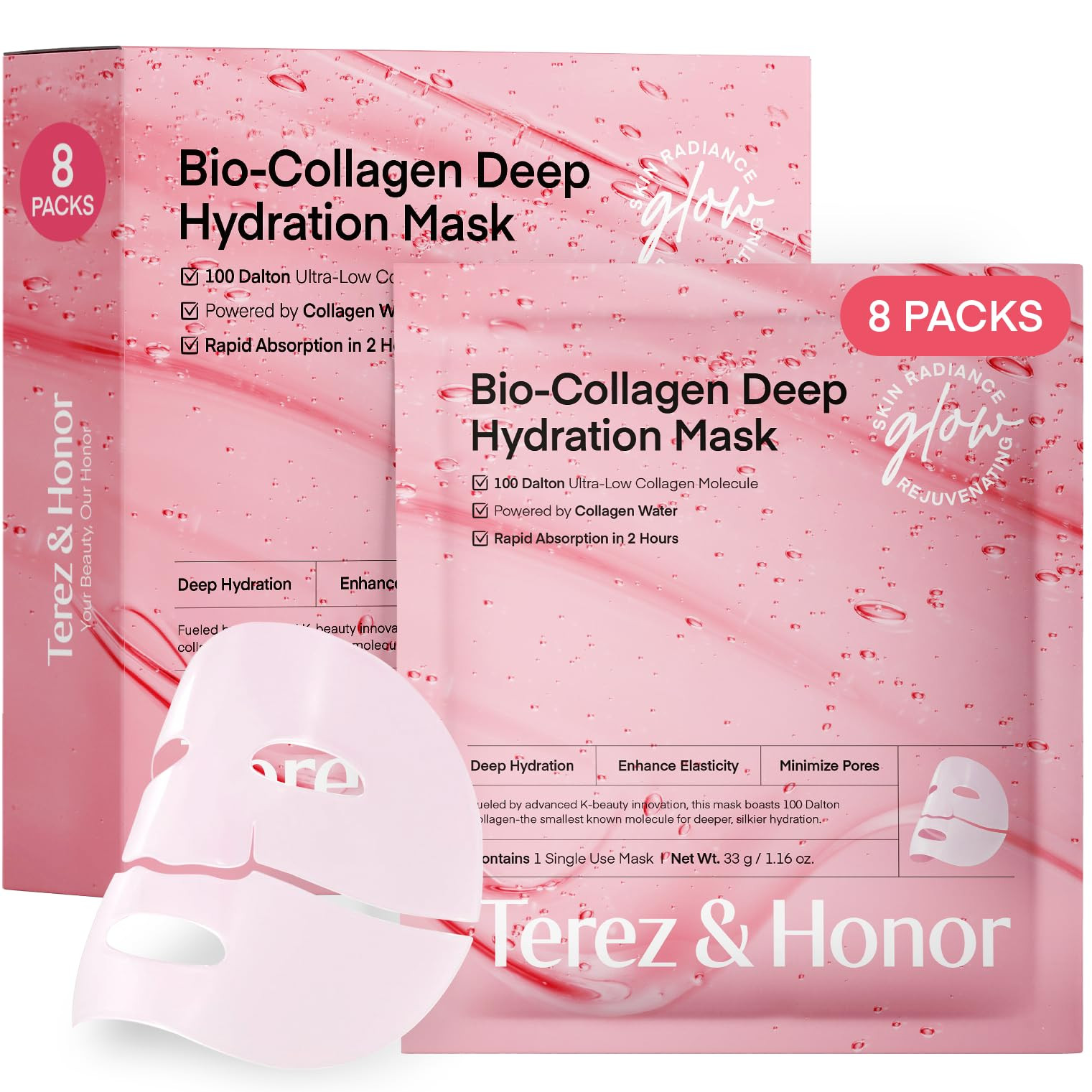 TEREZ & HONOR Real Deep Bio Collagen Face Mask - 8 x 33g Korean Hydrogel Overnight Masks for Deep... | Amazon (US)