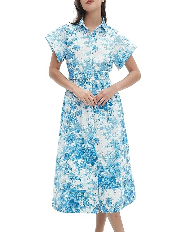 D-Sun Women Button Down Shirt Dress V-Neck Floral Printed Short Sleeves Mid Shirt Dress Belt A-Li... | Amazon (US)