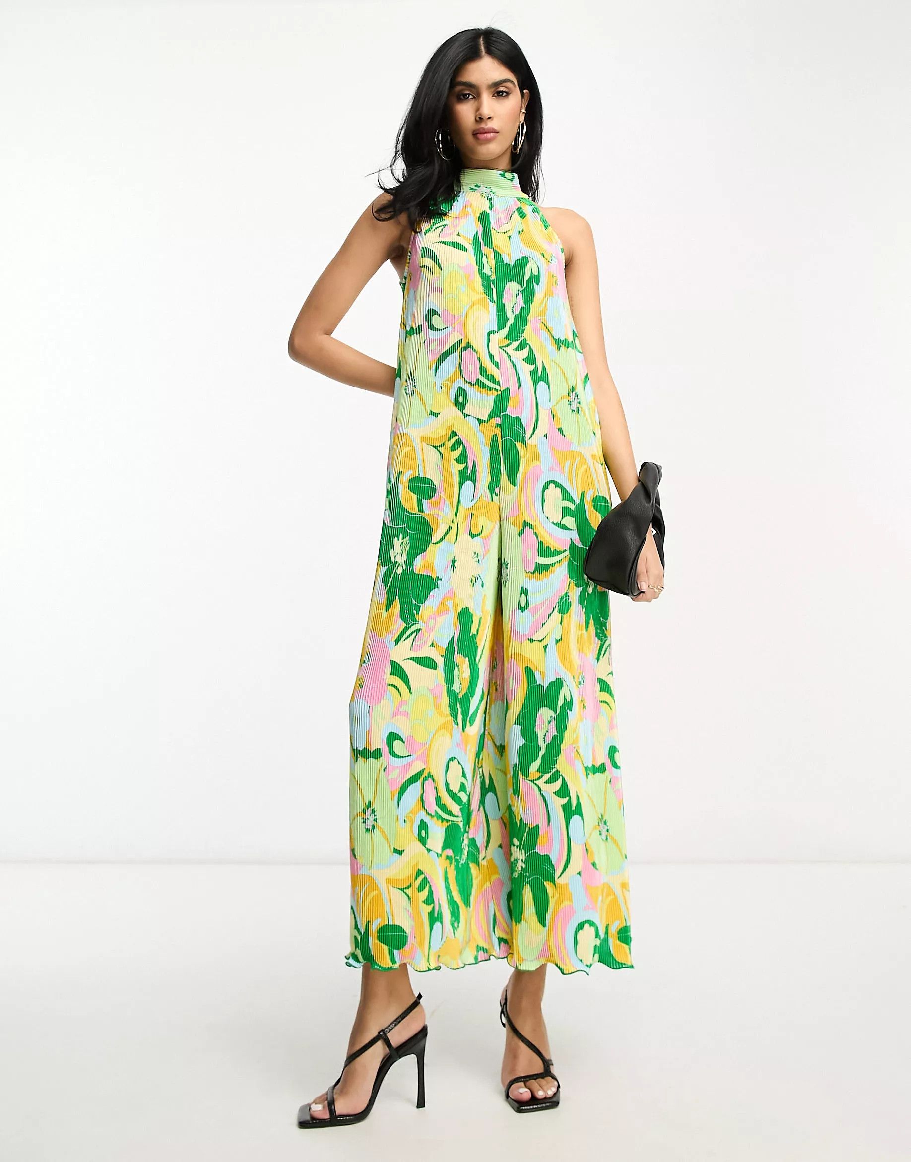 ASOS DESIGN plisse high neck jumpsuit in green retro floral | ASOS (Global)