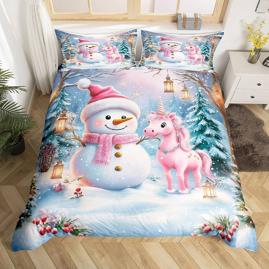 Cartoon Snowman Unicorn Duvet Cover Set Cute Pink Wonderland Animal Girly Bedding Set for Kids Gi... | Amazon (US)