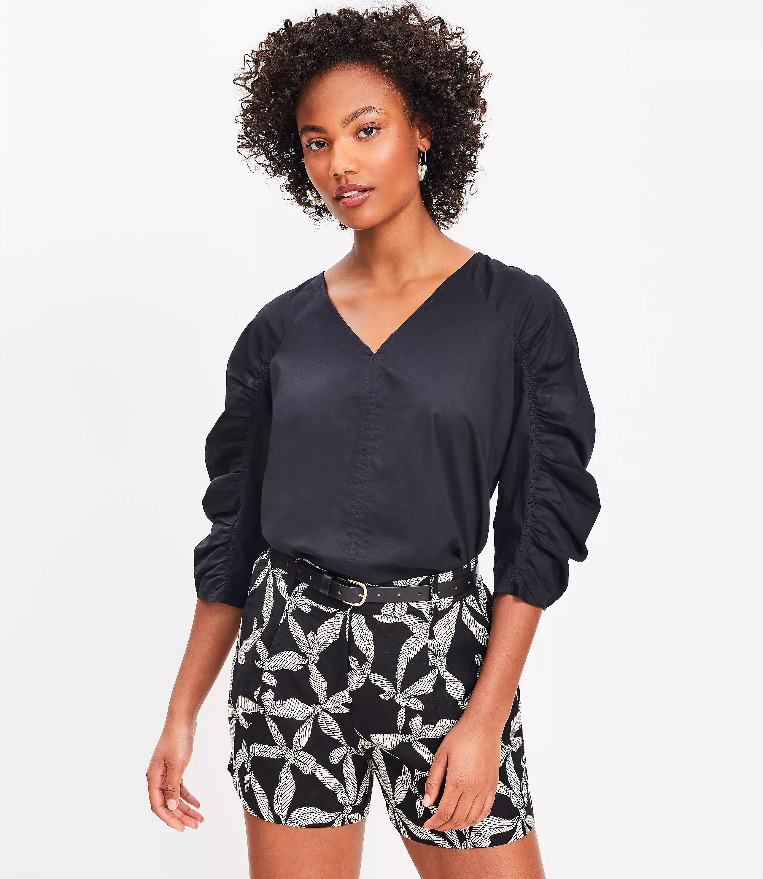 Cinched Sleeve V-Neck Blouse | LOFT
