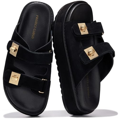 Project Cloud 100% Genuine Leather Platform Sandals Women - Memory Foam Insole Slides Women with Adjustable Buckle - Non Slip and Lightweight Womens Sandals 2026 (Havana, BLKSDE,8) | Amazon (US)