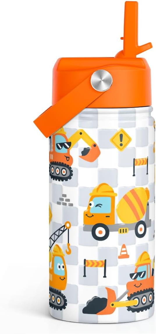 Construction Kids Water Bottle With Straw Lid 12oz Insulated Stainless Steel, Truck Travel Tumble... | Amazon (US)