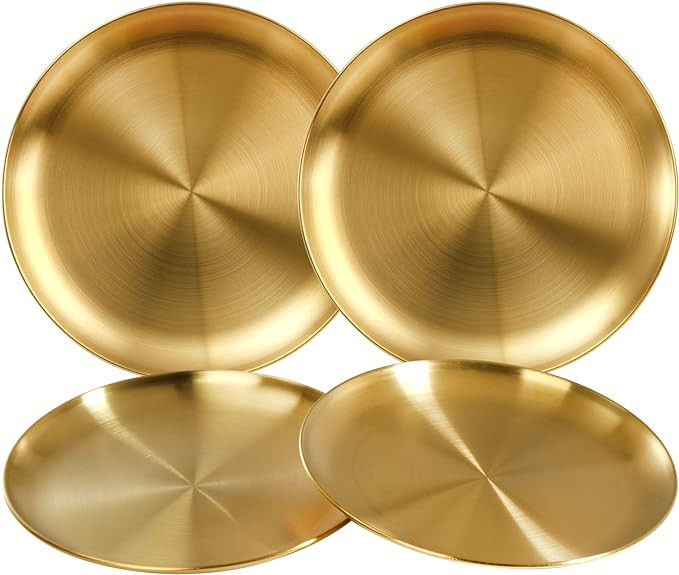 TOPZEA 4 Pack 304 Stainless Steel Dinner Plates, 9 Inch Gold Metal Salad Snack Plate Reusable Kit... | Amazon (US)