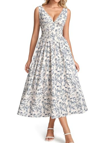 KUTUMAI Floral Corset Midi Dresses for Women 2026 Summer Spring V Neck Lace Up Flowy Wedding Guest Dress BlueFloral M | Amazon (US)