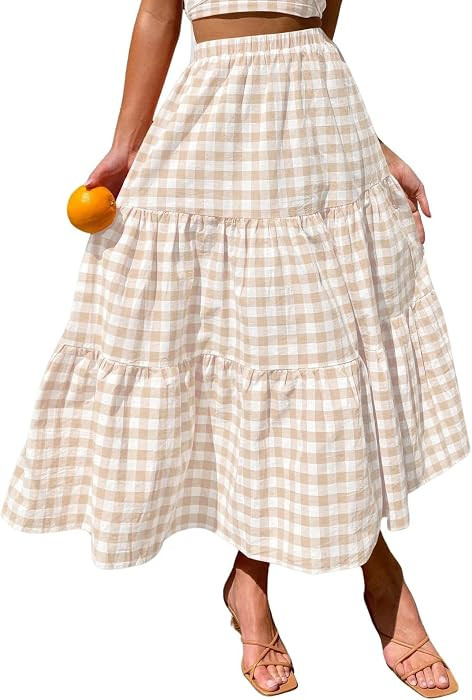 Women's Candy Color Slim Fit Elastic High Waist Plaid Gingham Tiered Flowy Boho Maxi Skirts with ... | Amazon (US)