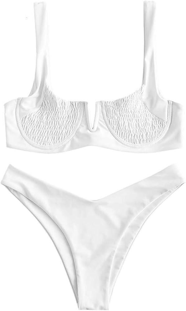 ZAFUL Women's Smocked Tie Shoulder Bikini Set Shirred Underwire Two Pieces Swimsuit | Amazon (US)