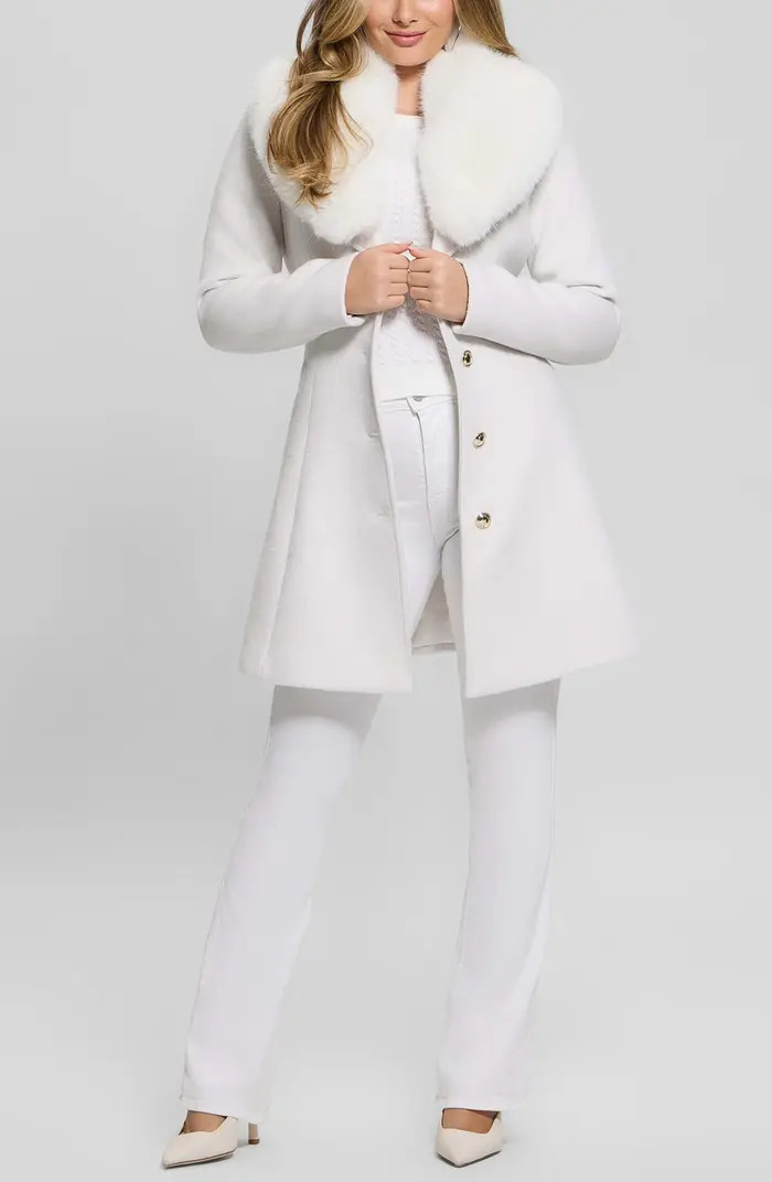 GUESS Eve Belted Coat & Removable Faux Fur Collar | Nordstrom | Nordstrom