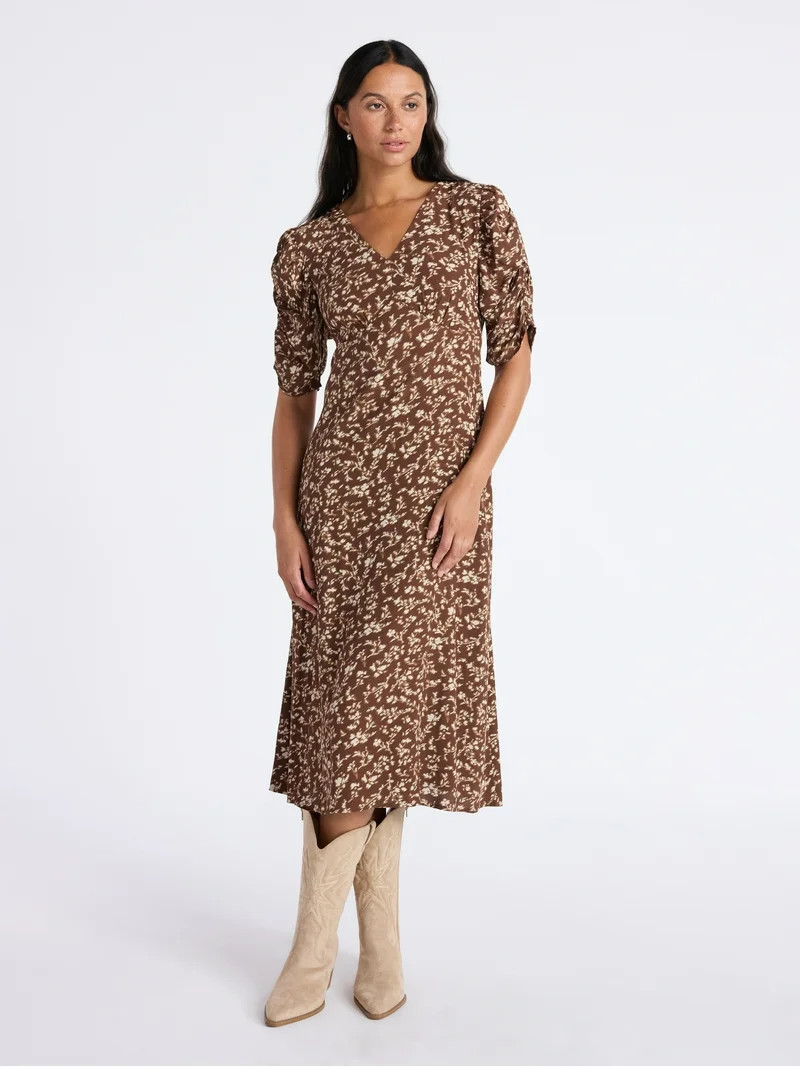 Time and Tru Women's Midi Dress with Ruched Sleeves, Sizes XS-XXXL | Walmart (US)