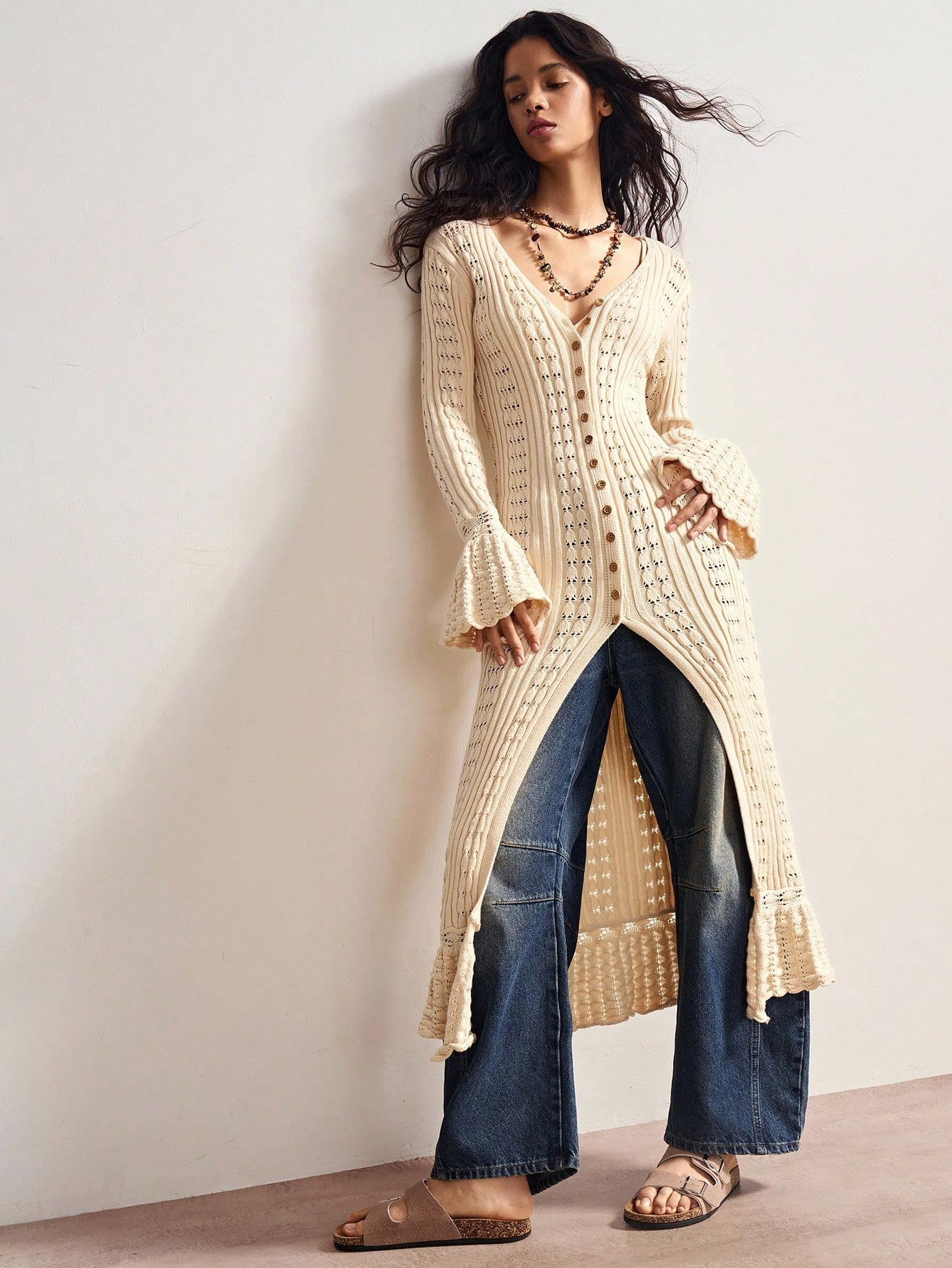 Bohemela Summer/Autumn Vacation Casual Solid Color Hollow-Out Knit Maxi Dress, Boho Country Style... | SHEIN