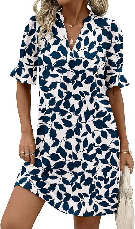 Zeagoo Summer Dresses for Women 2026 V Neck Ruffle Sleeve Loose Shift Dress Hawaiian Sundress Bea... | Amazon (US)