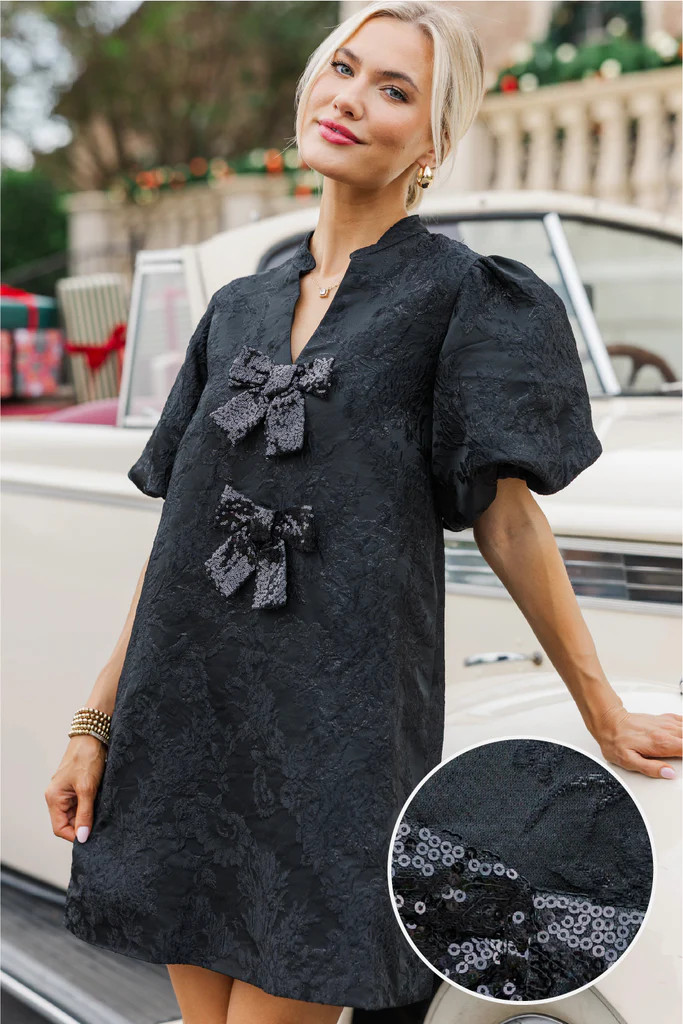 Ever After Hours Black Brocade Bow Shift Dress | The Mint Julep Boutique
