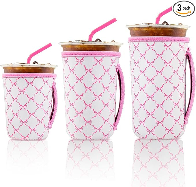 Neoprene Cup Sleeve with Handle - Reusable 3-Pack Iced Coffee Cup Sleeve for Cold Drinks, Pink Bo... | Amazon (US)