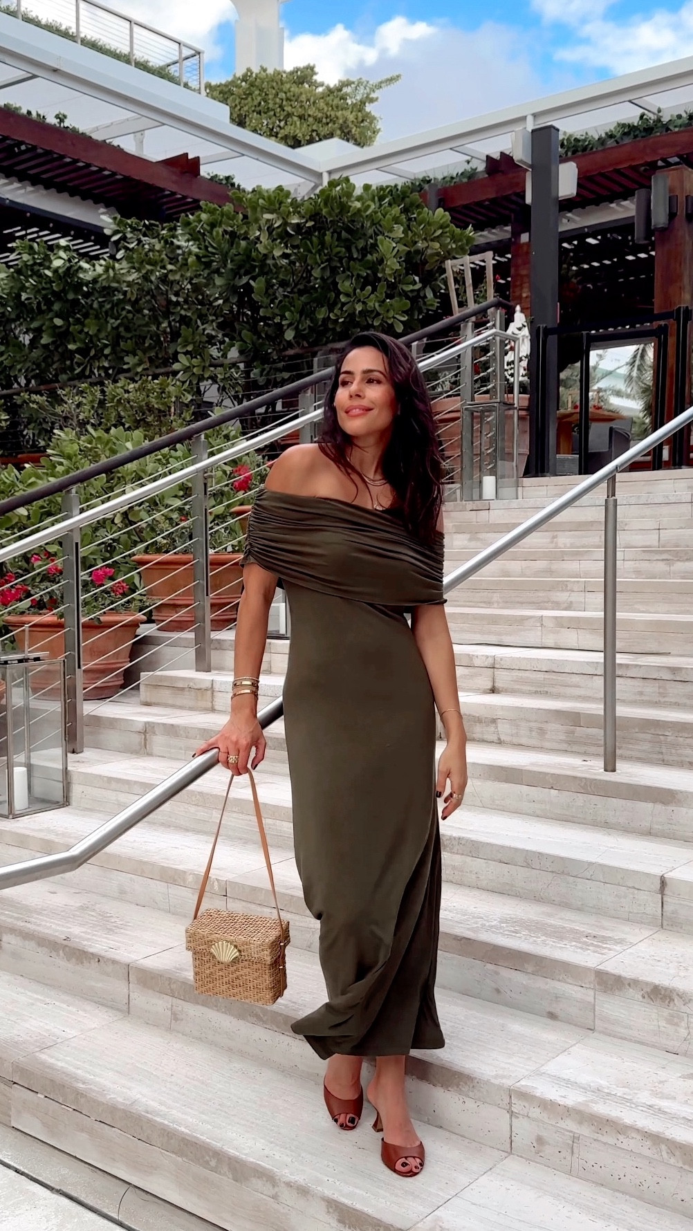 Just arrived in Miami and the wind is wild, but this dress deserved a moment! The perfect off the shoulder in the most gorgeous military green. Super flattering fit that smooths and hugs in all the right places. Works with sandals, heels, or boots and leather jacket in the fall — a true multi-tasker 🖤Comment SHOP for links! #ResortWear #OOTD #VacationOutfit #Miami