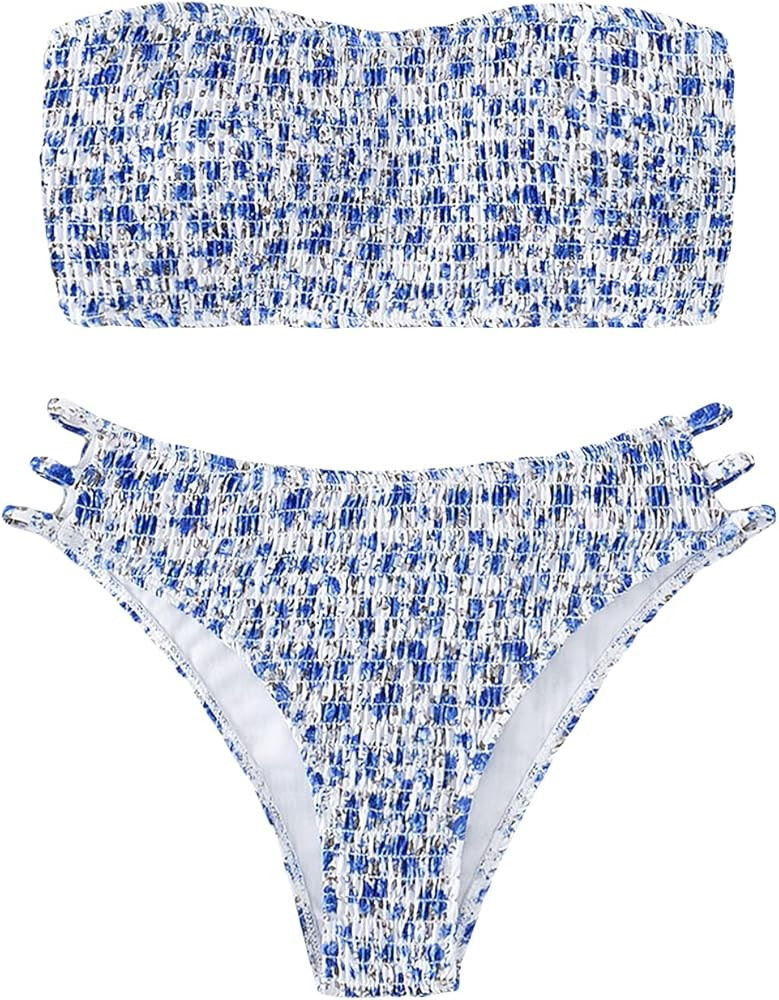 MakeMeChic Women's 2 Piece Bathing Suit Solid High Cut Bandeau Bikini Swimsuit | Amazon (US)