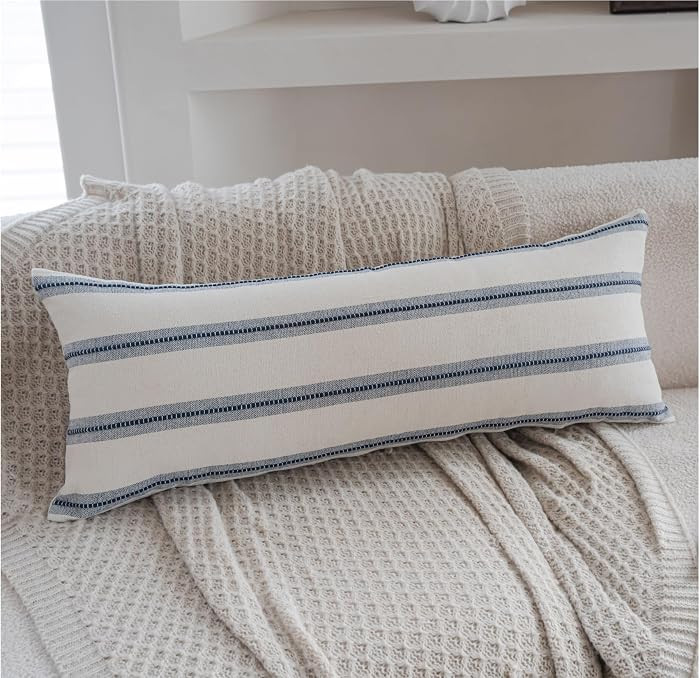 Boho Lumbar Pillow Covers 14x36 Long, Pack of 1, Navy Blue Striped Decorative Body Pillowcase for... | Amazon (US)