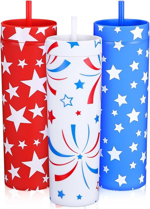 Honeydak 3 Pcs 4th of July Tumbler Patriotic Tumbler, 16 oz Red White Blue Cup Plastic Star Ameri... | Amazon (US)