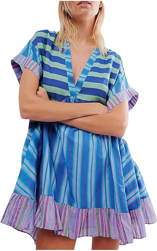 Boho Dresses for Women 2024 Patchwork Floral Deep V Neck Ruffle Oversized Babydoll Sundress Y2k H... | Amazon (US)