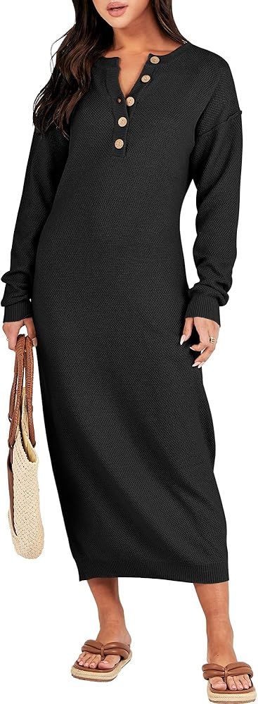 ANRABESS Women Long Sleeve Button V Neck Oversized Casual Loose Fit Waffle Knit Fall Midi Sweater... | Amazon (US)