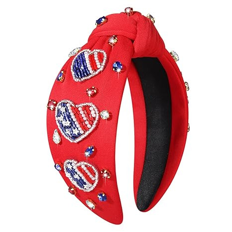 boderier 4th of July Headband Beaded Flag Heart Headband Jeweled Crystal Embellished Knotted Head... | Amazon (US)