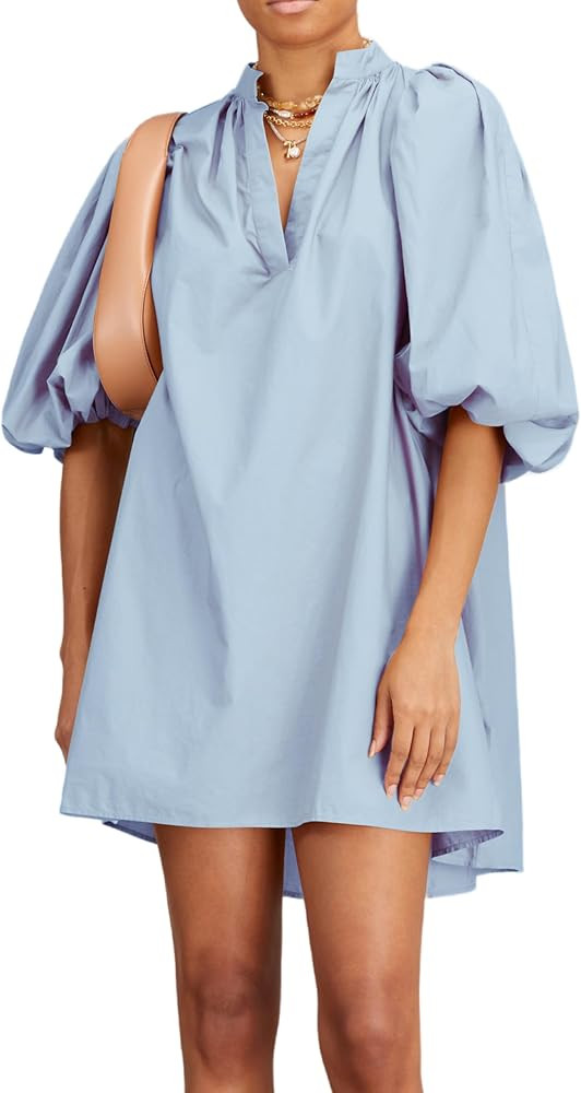 Women Babydoll Mini Dress Summer Casual Cotton V Neck Puff Lantern Sleeve Loose A Line Cute Dress | Amazon (US)